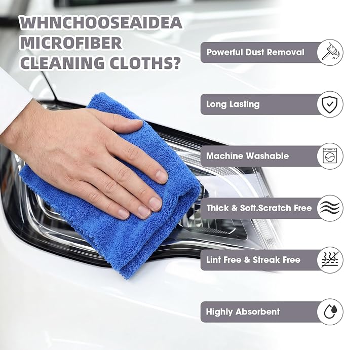 Shimeyao 20 Pcs 16 x 16 Inch Edgeless Microfiber Plush Towels for Cars Detailing Drying Wash Polishing Absorbent Cleaning Cloths, 500 GSM (Blue, Black, Gray)
