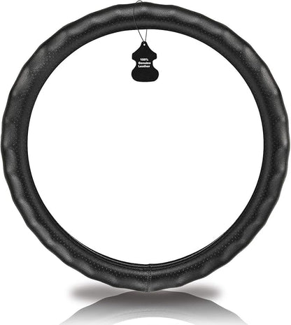 Haokay Heavy Duty Pure Cowhide Steering Wheel Cover, Black Genuine Leather Steering Wheel Cover Men Women Comfort Finger Grips Universal 14.5 to 15 Inch