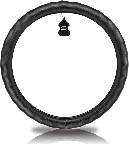 Haokay Heavy Duty Pure Cowhide Steering Wheel Cover, Black Genuine Leather Steering Wheel Cover Men Women Comfort Finger Grips Universal 14.5 to 15 Inch