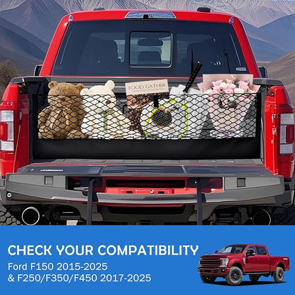 Truck Bed Cargo Net for 2015+ Ford F150 & 2017+ F250/F350/F450 Accessories, Envelope Style Trunk Mesh Cargo Net, Heavy Duty&Double-Layer Nylon Storage Netting Organizer(Not for Spray-in Liner Beds)