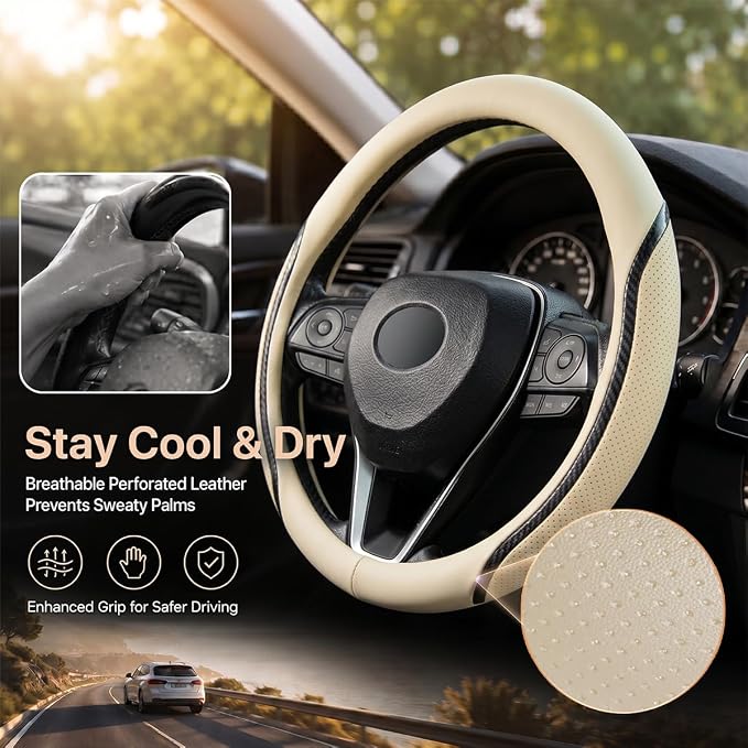 Car Steering Wheel Cover Beige, 14.5-15 inch Steering Wheel Covers with Coasters Microfiber Leather Carbon Fiber Breathable Anti-Slip Durable Universal Auto Steering Wheel Protective