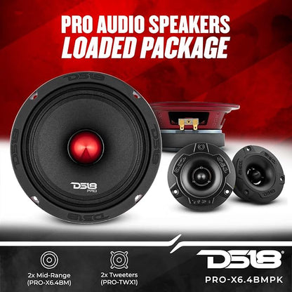 DS18 Mid and High Car Speaker Package - 2X 6.5" Midrange, 2X 1" Tweeters, Built-in Crossover