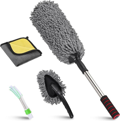 Lounsweer 4 Pcs Large Car Duster Set Microfiber Dust Cleaning Sets with Extendable Handle Exterior Duster Dashboard Detailing Brush Interior Exterior Cleaning Sets for Auto Truck Boat