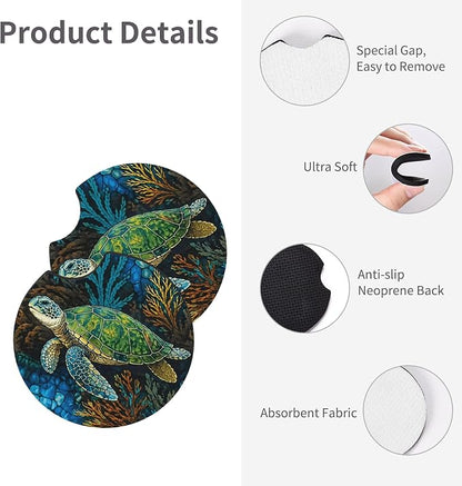 Sea Turtle Steering Wheel Cover + 2 Cup Coasters - Neoprene Non-Slip, Breathable Elasticity Universal Fit 14.5-15.6 Inch for Cars/Trucks/SUV - Car Interior Decoration
