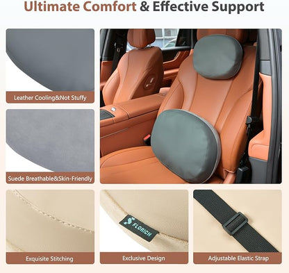 FLORICH Car Headrest and Lumbar Support Pillow for Car Office Chair, Double-Sided Skin-Friendly Suede & Leather Car Seat Pillow and Back Support, Pressure-Relieving Back Support for Car, Office Chair