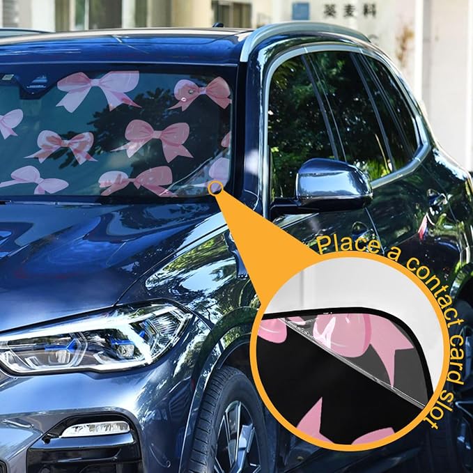 Pink Bow Black Windshield Sunshade Car Sun Shade Front Window Shade for Truck SUV Blocks UV Rays Sun Reflector Visor Protector Accordion Folding