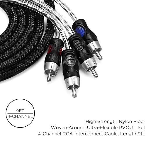 RECOIL PCI49 Premium 100% Oxygen Free Copper 9ft 4-Channel RCA Audio Interconnects Cable Double Shielded with Noise Reduction