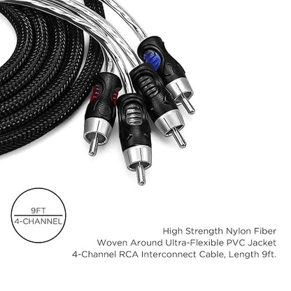 RECOIL PCI49 Premium 100% Oxygen Free Copper 9ft 4-Channel RCA Audio Interconnects Cable Double Shielded with Noise Reduction