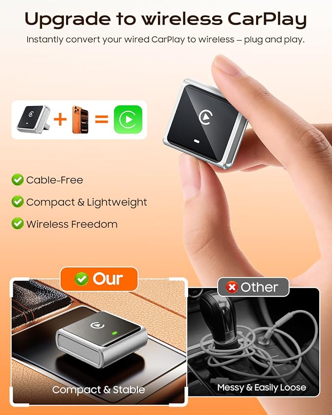 Houflody Wireless CarPlay Adapter for Apple iPhone iOS 10+, (2026 Upgrade) Mini Aluminium CarPlay Adapter Converts Wired to Wireless, Plug & Play, Auto Connect Fast and Stable, with USB-C, Silver