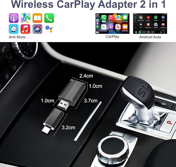 Wireless Carplay Adapter for iPhone, Wireless Adapter that only Support Apple Systems, 2-in-1 Mini USB Car Play Dongle for Car's Wired Car Play & Android Auto Plug & Play