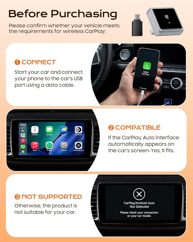 Wireless CarPlay Adapter for iPhone Only, with USB-C | Zero-Latency Auto-Connect GPS, Easy Wired-to-Wireless Conversion for Apple CarPlay, Works with Factory Wired CarPlay, Gray