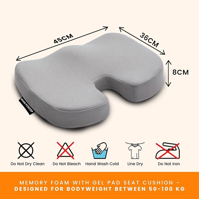 GRAND PITSTOP Memory Foam Seat Cushion for Office Chair Car & Home Orthopedic Tailbone & Sciatica Pain Relief Pad Ergonomic U-Shaped Design with Cooling Foam, Non Slip Base & Washable Cover