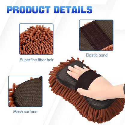 2PCS Microfiber Car Wash Sponge, Double Sided Chenille Microfiber Car Wash Mitt, Scratch Free & Lint Free, Absorbent Automotive Washing Sponges, Auto Cleaning Supplies (Brown)