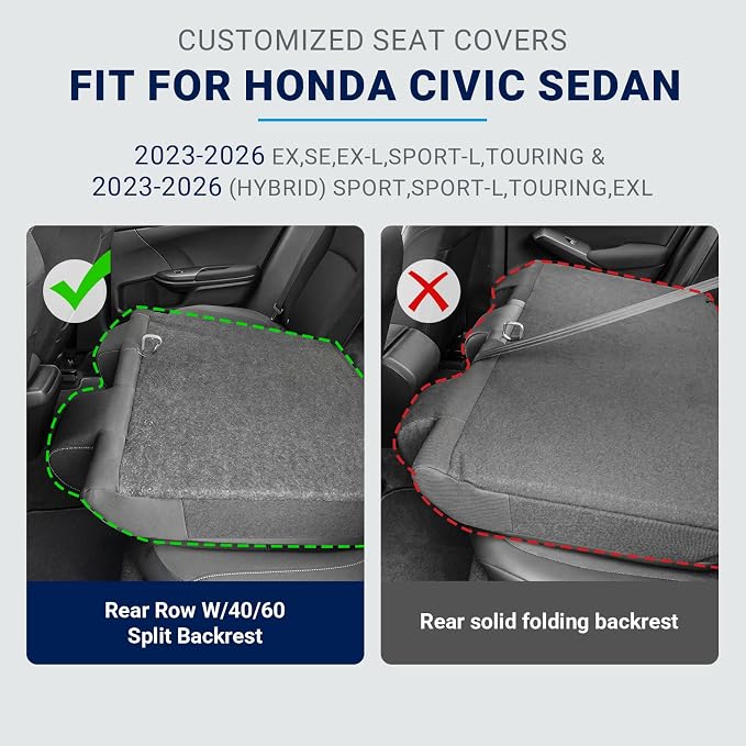 Custom for Honda Accord Seat Covers 2023 2024 2025 2026 EX,SE,EX-L,Sport-L,Touring & 2023-2026 (Hybrid) Sport,Touring,EXL,Sport-L, (Rear Row W/40/60 Split Backrest) - Black Grey