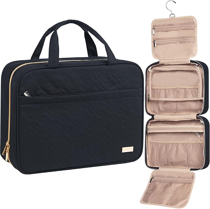 NISHEL Travel Toiletry Bag for women, Portable Hanging Organizer for Family-Sized Shampoo, Conditioner, Brushes Set, Makeup Accessories, Extra Large Size, Black