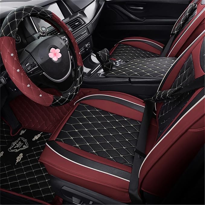 Car Seat Covers Full Set, Super Luxurious Heavy Universal Duty Waterproof Leather Automotive Vehicle Cover for Cars SUV Pick-up Truck, Non-Slip Seat Pink Car Accessories (2 PCS Front/Wine Red)