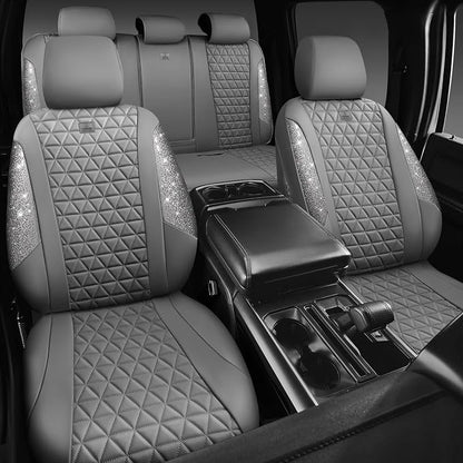 CAR PASS Bling Diamond Gray Leather Car Seat Covers Full Sets Interior Sets, Waterproof Shining Glitter Sparkly Crystal Universal Armrest Fit for Automotive Truck SUV Cute Women Girl, Gray Rhinestone