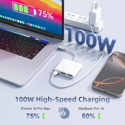 MTAKYI 100W USB C to HDMI Adapter Upgraded Wireless Carplay and Android Auto Dongle Support Netflix/YouTube, CarPlay Ai Box with USBA-C and USBC-C Cable for iPhone Android