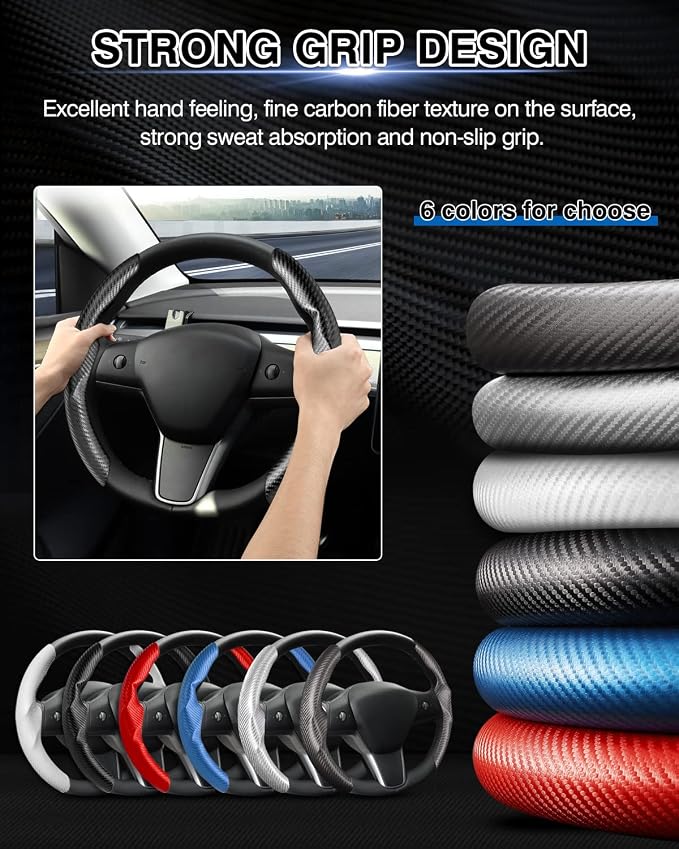 Canvcle Steering Wheel Cover for Tesla Model 3/Y 2016-2025 2026 Highland/Juniper Accessories Carbon Fiber Steering Wheel Cover Protector Non-Slip, Comfortable, Breathable, Model 3/Y Accessories, Black