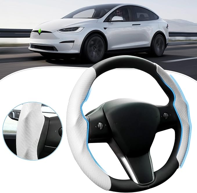 Canvcle Steering Wheel Cover for Tesla Model 3/Y 2016-2025 2026 Highland/Juniper Accessories Carbon Fiber Steering Wheel Cover Protector Non-Slip, Comfortable, Breathable, Model 3/Y Accessories, White