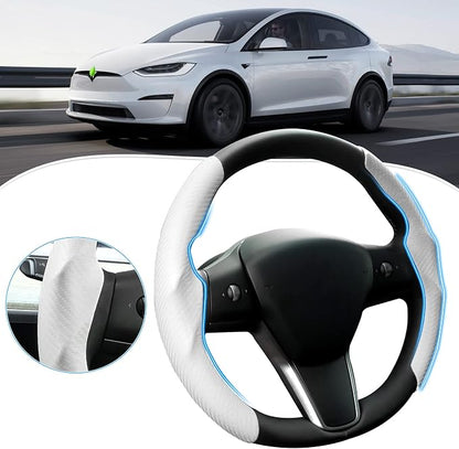 Canvcle Steering Wheel Cover for Tesla Model 3/Y 2016-2025 2026 Highland/Juniper Accessories Carbon Fiber Steering Wheel Cover Protector Non-Slip, Comfortable, Breathable, Model 3/Y Accessories, White