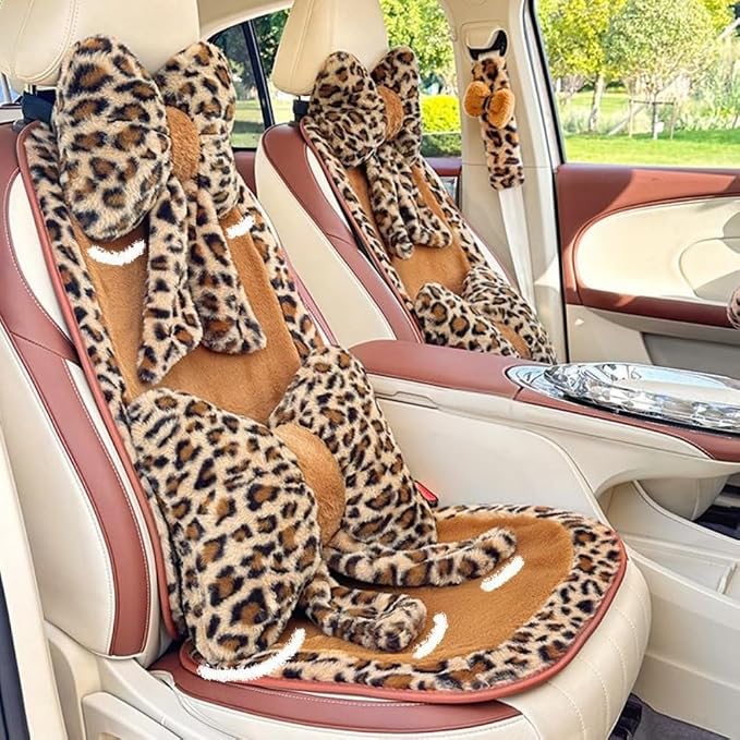 LYFJMUS 4 Pack Plush Leopard Print Car Headrest Pillow and Lumbar Support Pillow Soft Bow Car Neck Pillows for Driving Cars Home Decor (Brown Leopard)