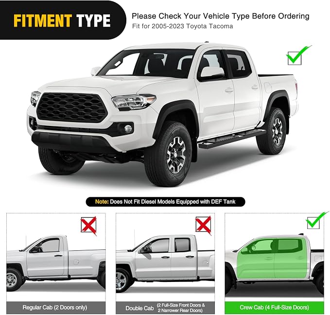 Nilight Running Boards for 2005-2023 Toyota Tacoma Double Cab 4 Full Size Doors 6 Inch Side Step Nerf Bars Black