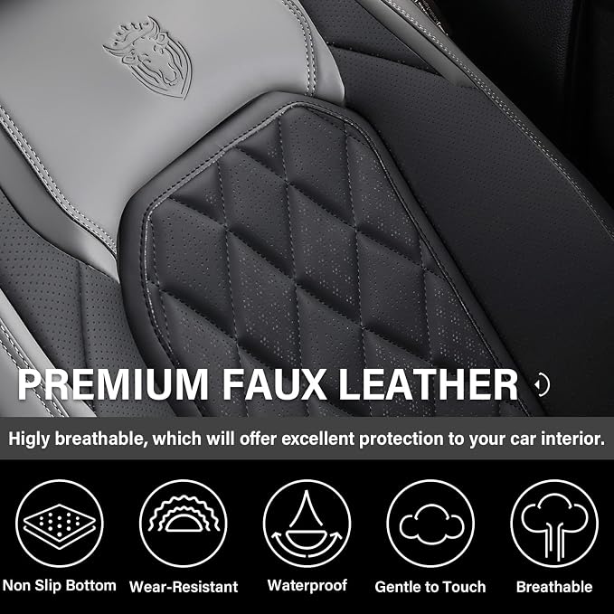 Coverado Seat Covers Full Set, Faux Leather Seat Covers for Car, Waterproof Car Seat Protectors 5 Seats, Automotive Seat Covers Universal Fit for Most Cars SUV Trucks- Gray&Black