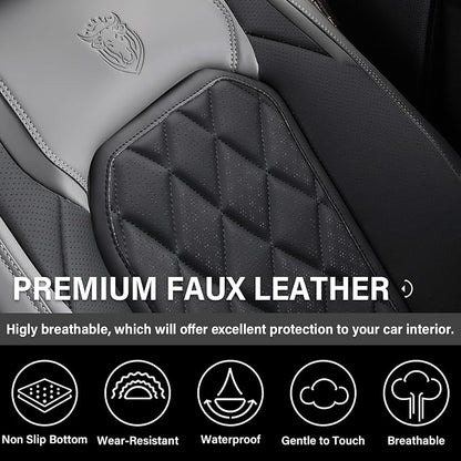 Coverado Seat Covers Full Set, Faux Leather Seat Covers for Car, Waterproof Car Seat Protectors 5 Seats, Automotive Seat Covers Universal Fit for Most Cars SUV Trucks- Gray&Black