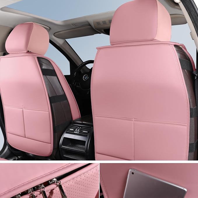 HChengkikz Nappa Leather Car Seat Covers Full Set, Pink Car seat Protector 5 Seats, Waterproof Car Seat Cushion, Universal Automotive Seat Covers Fit for SUV Truck Pick-up Sedan, Front and Rear