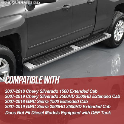 6.75 inch Running Boards Compatible with 2007-2019 Chevy Silverado GMC Sierra 1500 2500 HD 3500 HD Double Cab Extended Cab Side Step Bars Stainless Steel