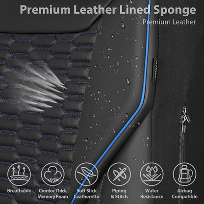 CAR PASS 3D Foam PU Leather Car Seat Covers Full Set,Luxury Breathable Faux Leather Seat Covers for Car,Anti Slip Universal Fit for SUVs Vans Sedan Truck Auto,Armrest Airbag Compatible,Black and Blue