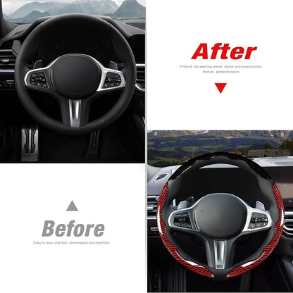Car Steering Wheel Cover Set Bright Carbon Fiber Wrap Non-Slip 3pcs Steering Wheel Accessories 14.5-15 inch Universal (Black Red)