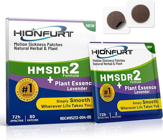 Hionfurt HMSDR2 80ct Motion Sickness Patches with Plant Essence – Lavender – Sea Sickness Patches for Cruise, Car, Airplane – Non-Drowsy, 72H Lasting