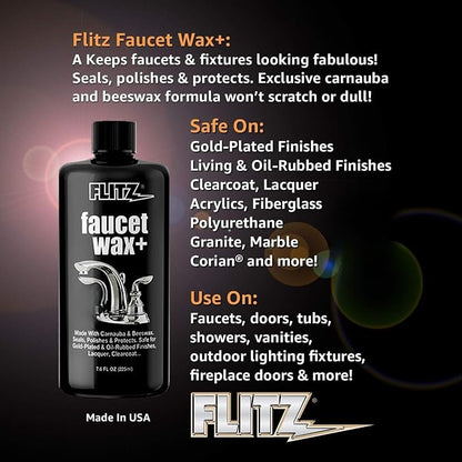 Flitz Faucet Wax Plus - 7.6oz Bottle of USA-Made, Water-Based Faucet Cleaner & Polisher for Water Stains, Fingerprints, & More - Metal Wax for Bronze, Nickel, Chrome, Brass - Granite Polish (3 Pack)
