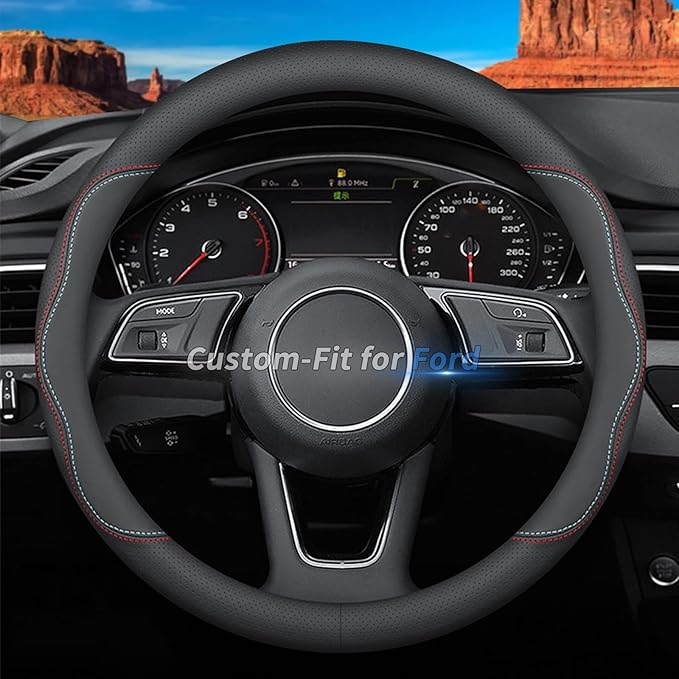 Deer Route Custom-Fit Leather Car Steering Wheel Cover for Ford, A-Style, Non-Slip, Breathable