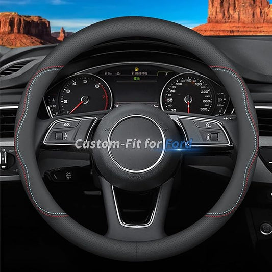 Deer Route Custom-Fit Leather Car Steering Wheel Cover for Ford, A-Style, Non-Slip, Breathable
