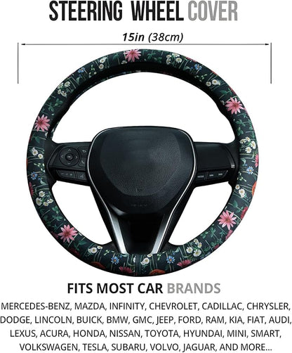 Wild Flowers Steering Wheel Cover Auto Steering Wheel Protector, Anti-Slip, Breathable, Absorbing Sweat, Universal Floral Car Accessories 14.5–15 inch,Fit for Most Car, Trucks, SUV
