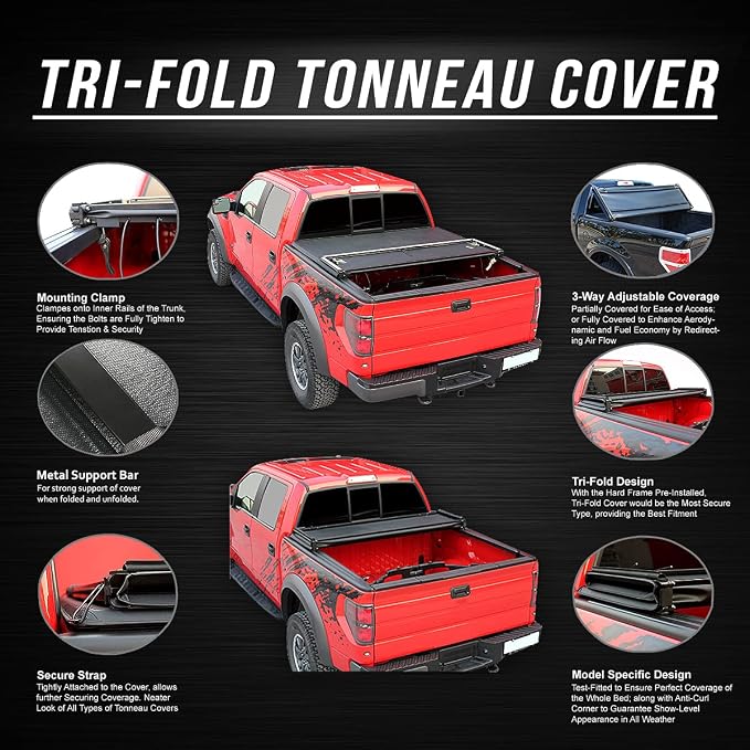 DNA Motoring Truck Bed Soft Tri-Fold Adjustable Tonneau Cover Compatible with C1500 C2500 C3500 K1500 K2500 K3500 6.5Ft Fleetside Bed, TTC-TRISOFT-032