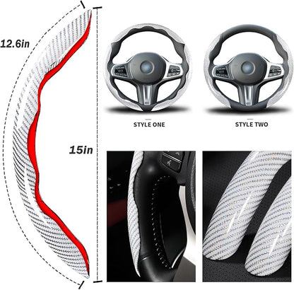Car Steering Wheel Cover Set Bright Carbon Fiber Wrap Non-Slip 3pcs Steering Wheel Accessories 14.5-15 inch Universal (White)