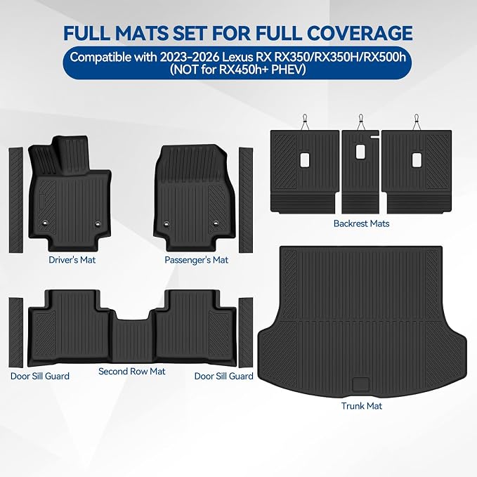 Custom Fit Floor Mats for 2023-2026 Lexus RX RX350/RX350H/RX500h(NOT for RX450h+ PHEV), All Weather TPE Floor Liners & Trunk Mat & Backrest Mats & Door Sill Guard, Full Set Interior Accessories