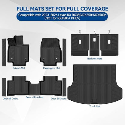 Custom Fit Floor Mats for 2023-2026 Lexus RX RX350/RX350H/RX500h(NOT for RX450h+ PHEV), All Weather TPE Floor Liners & Trunk Mat & Backrest Mats & Door Sill Guard, Full Set Interior Accessories