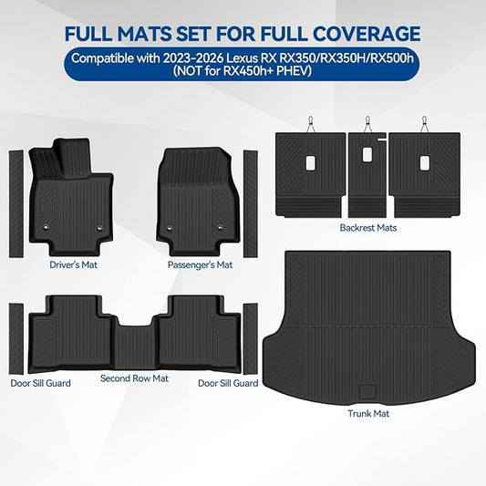 Custom Fit Floor Mats for 2023-2026 Lexus RX RX350/RX350H/RX500h(NOT for RX450h+ PHEV), All Weather TPE Floor Liners & Trunk Mat & Backrest Mats & Door Sill Guard, Full Set Interior Accessories