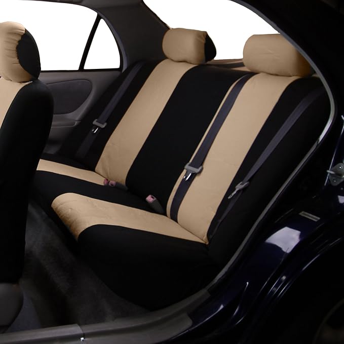 FH Group Flat Cloth Seat Covers Front Seat and Solid Rear Bench Full Set with Gift - Universal Fit for Cars, Trucks & SUVs (Beige/Black)