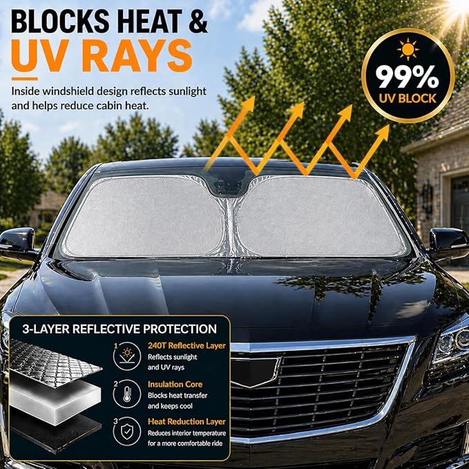 Cadillac ATS CT6 CTS XT5 XTS Windshield Sun Shade, Custom Fit Foldable Front Window Sunshade Visor, UV and Heat Blocking Interior Protector, Fits 2003–2025 Models