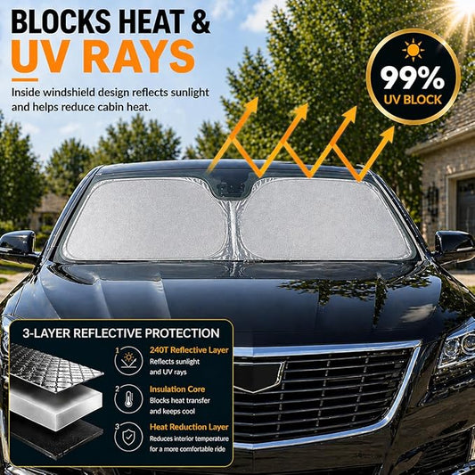 Cadillac ATS CT6 CTS XT5 XTS Windshield Sun Shade, Custom Fit Foldable Front Window Sunshade Visor, UV and Heat Blocking Interior Protector, Fits 2003–2025 Models