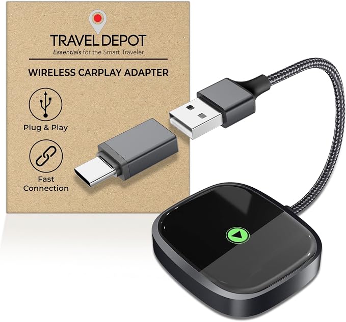 Travel Depot Wireless CarPlay Adapter for iPhone, Converts Wired to Wireless Adapter CarPlay, Plug & Play for Apple Car Play, Fast Auto Connect Bluetooth Dongle Car Streaming Device, Fits 800+ Models