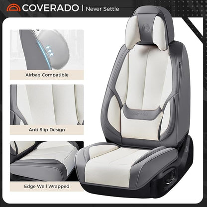 Coverado Seat Covers Full Set, 5 Seats Seat Covers for Cars, Waterproof Nappa Leather Car Seat Covers with Head Pillow, Seat Protectors Car Seat Cushion Universal Fit for Most Cars (Gray&White)