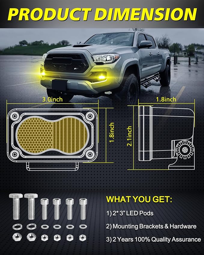 Yellow LED Pods 2Pcs 3" 40W CREE LED Low Beam Yellow Fog Lights | Small Off Road Driving Combo Light Pods Ditch Backup Chase Light Bars for Trucks Trailer Pickup Motorcycle UTV ATV SUV