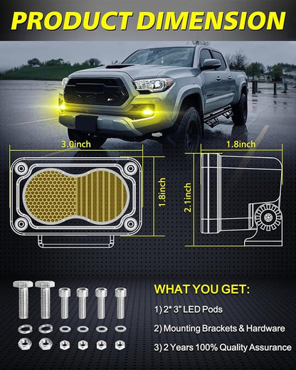 Yellow LED Pods 2Pcs 3" 40W CREE LED Low Beam Yellow Fog Lights | Small Off Road Driving Combo Light Pods Ditch Backup Chase Light Bars for Trucks Trailer Pickup Motorcycle UTV ATV SUV